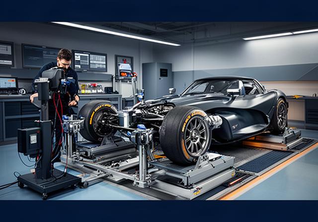 Rennfahrzeug auf einer präzisen Achsvermessungsanlage in einer Motorsport-Werkstatt