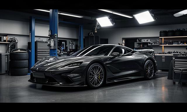Dunkler GT-Supersportwagen in einer präzise ausgeleuchteten Motorsportwerkstatt der Romandie