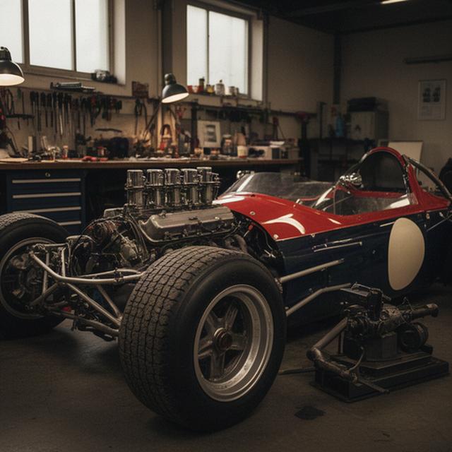 Historischer Rennwagen aus den 1970er-Jahren in einer Werkstatt der Westschweiz mit sichtbaren Vergasern und Rennreifen