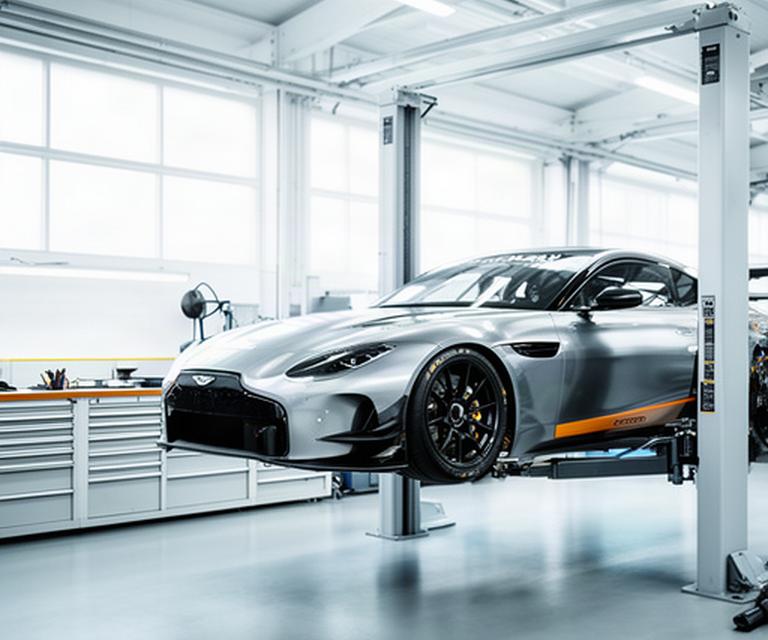 Rennwagen auf einer Hebebühne in einer hellen Motorsport-Werkstatt bei La Grande-Béroche