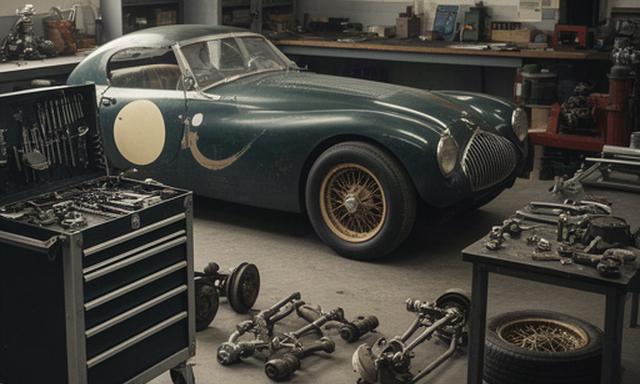 Historischer Tourenwagen in einer Werkstatt mit Werkzeugwagen und Ersatzteilen