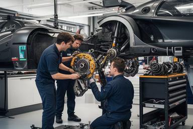 Mechanikerteam arbeitet an Bremsen und Radaufhängung eines Tourenwagens