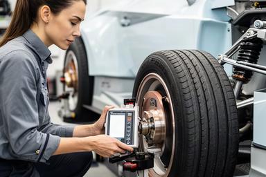 Fahrwerksspezialistin misst die Radgeometrie eines Rennwagens