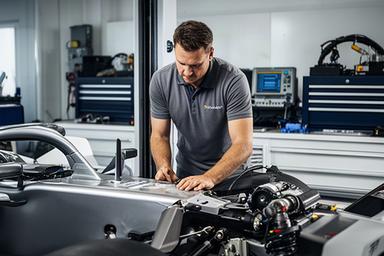 Technischer Leiter prüft einen Rennwagen in der Motorsport-Werkstatt