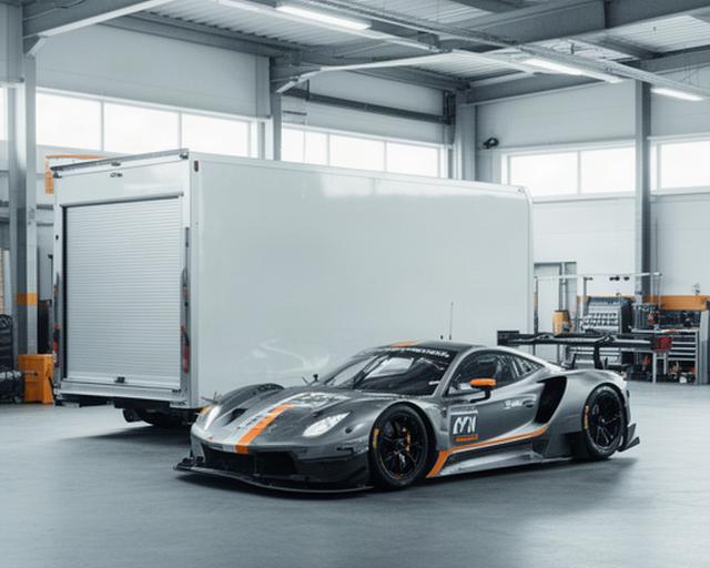 Rennwagen in einer aufgeräumten Lagerhalle neben einem geschlossenen Motorsport-Transportanhänger in der Westschweiz