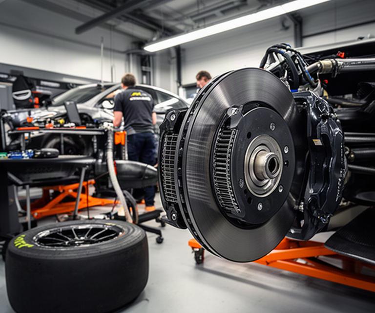 Rennwagen eines Langstrecken-Teams in der Werkstatt mit ausgebauter Bremsscheibe und sichtbaren Kühlkanälen
