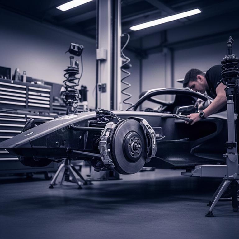 Rennfahrzeug in einer Werkstatt bei der Kontrolle von Bremsanlage und Fahrwerk für einen Trackday